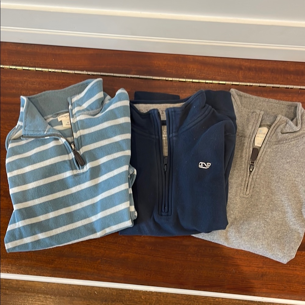 Three, quarter zip, Blue striped, Navy, and Gray Set. Jcrew and vineyard vines.